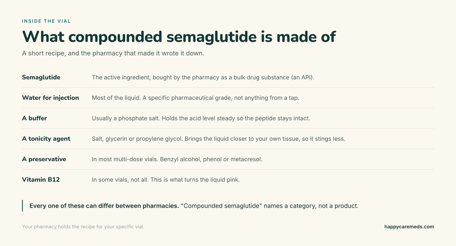 The compounded semaglutide ingredients found in a typical vial: semaglutide as the active ingredient, water for injection, a phosphate buffer, a tonicity agent such as salt or glycerin, a preservative in multi-dose vials, and vitamin B12 in some preparations.