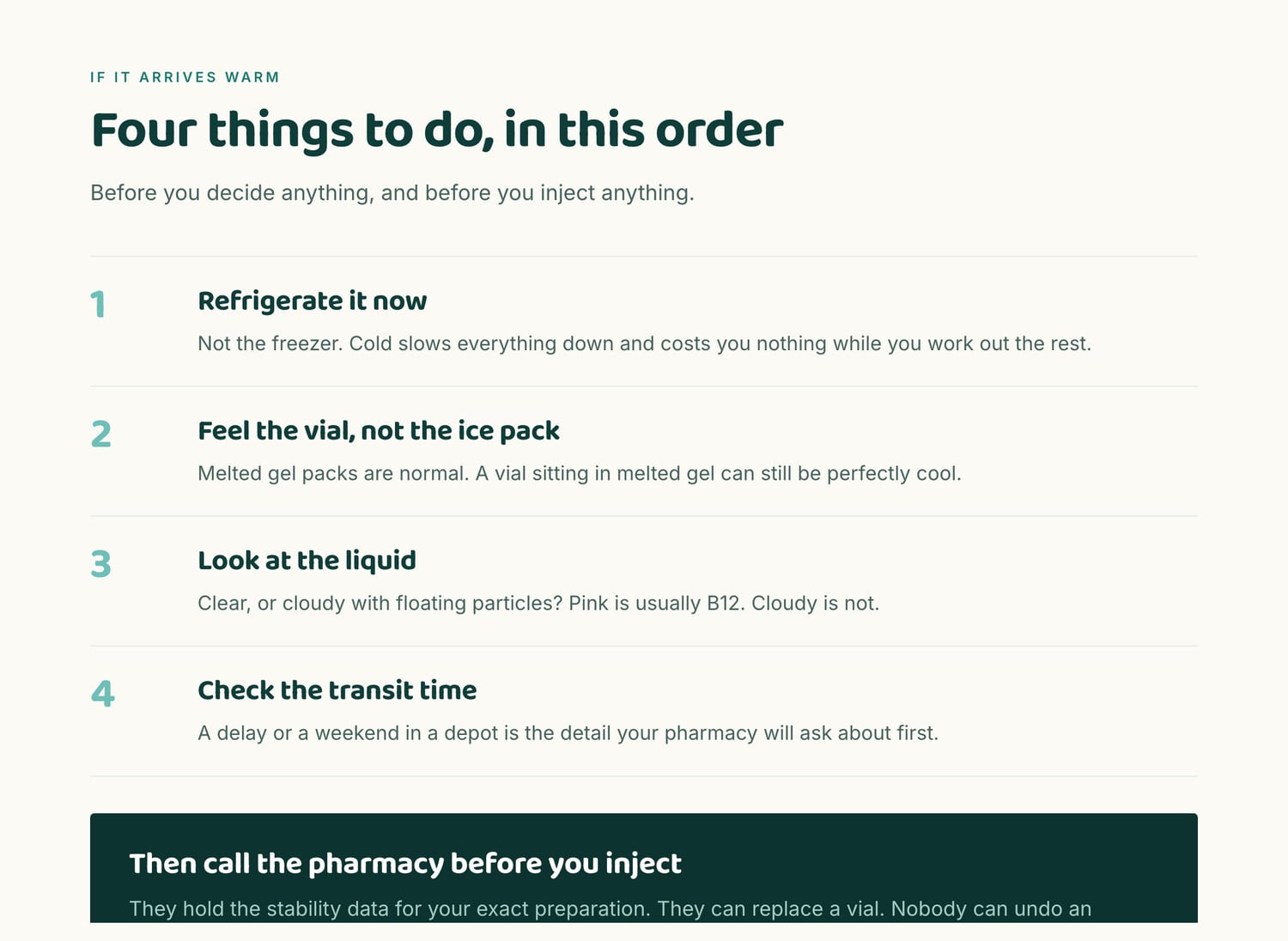 Four steps if compounded semaglutide arrives warm: refrigerate it, feel the vial rather than the ice pack, look at the liquid, check the transit time, then call the pharmacy before injecting.