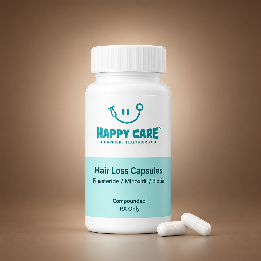Happy Care Male Hair Loss Capsules bottle, finasteride, minoxidil and biotin