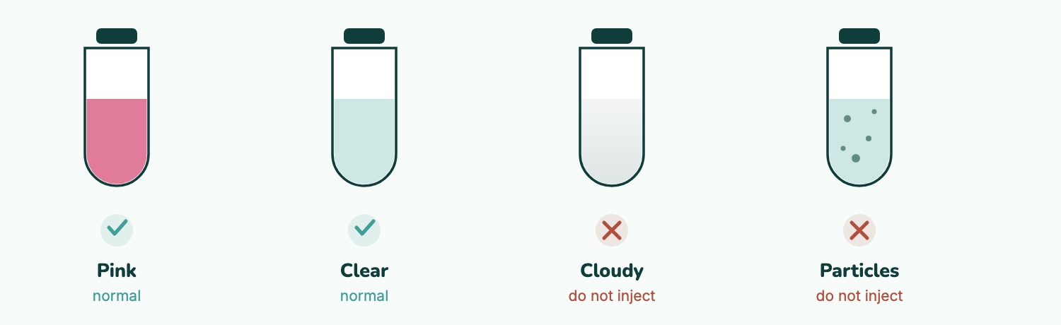 What the color of compounded semaglutide means: pink from added vitamin B12 is normal, clear without B12 is normal, and a cloudy vial or one with visible particles in it should not be injected.