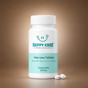 Happy Care Meds hair loss tablets bottle, minoxidil, spironolactone and biotin