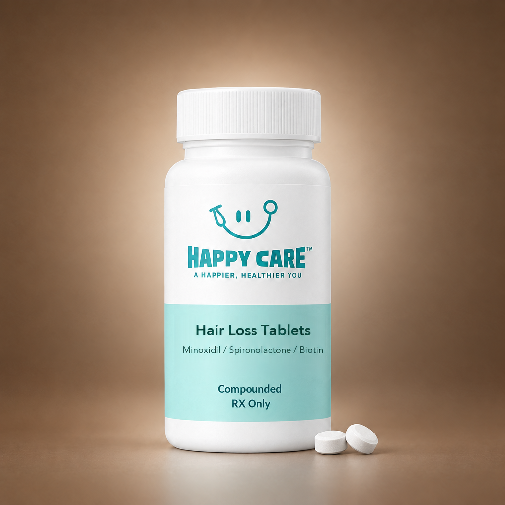 Happy Care Meds hair loss tablets bottle, minoxidil, spironolactone and biotin