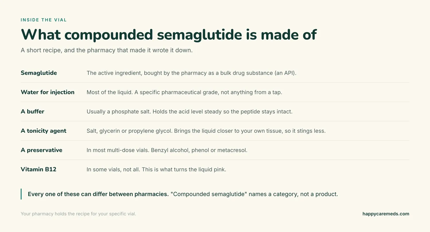 The compounded semaglutide ingredients found in a typical vial: semaglutide as the active ingredient, water for injection, a phosphate buffer, a tonicity agent such as salt or glycerin, a preservative in multi-dose vials, and vitamin B12 in some preparations.
